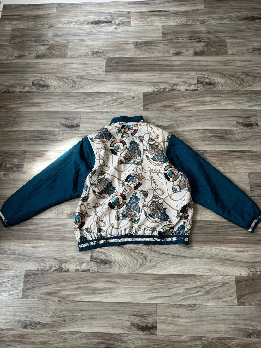 Vintage 100% Silk Novelty Print Nautical Bomber Jacket Convertible Vest Coastal